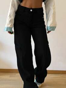 Boyfriend Style Patchwork Women Straight Leg Jeans Casual Black Spring - Black - View 6