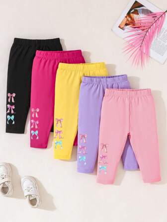 5 pièces Leggings confortables et mignons pour bébé fille avec nœud papillon imprimé, pour une utilisation quotidienne décontractée en printemps, été et automne