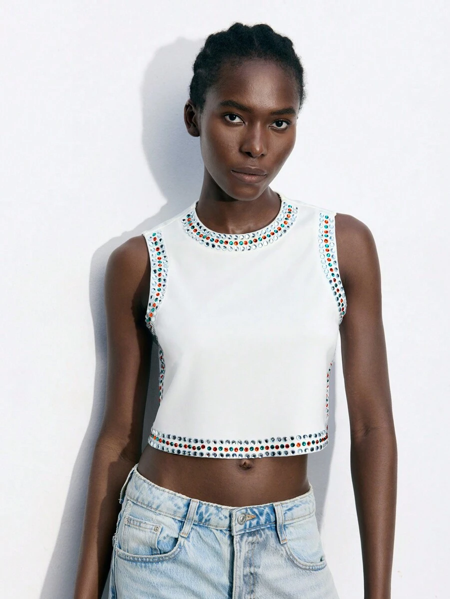 Maija Women Rhinestone Decor Tank Top For Back To School - White - View 1