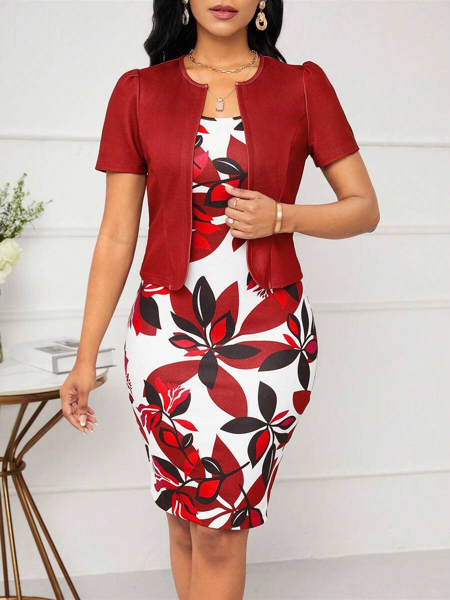 SHEIN Lady LUNE 无袖腰系紧紧身连衣裙 - 紅色 - 查看 1