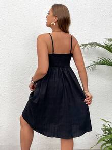 SHEIN VCAY Đầm Cami kết cấu kỳ nghỉ cỡ lớn có nút thắt phía trước - màu đen - Xem 2