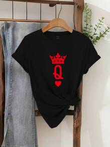 SHEIN Essnce Áo đôi vua và hoàng hậu, áo đôi, áo vua bích và hoàng hậu cơ, áo đôi, áo của anh ấy và cô ấy, áo đồng phục, áo vợ chồng, áo thun nữ tay ngắn cổ tròn dáng rộng họa tiết vương miện, thích hợp cho mùa hè - màu đen - Xem 3