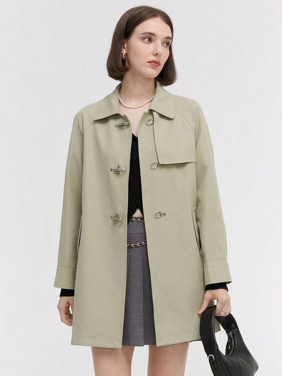 Raglan Sleeve Duffle Trench Coat For Spring & Autumn - Green - View 1