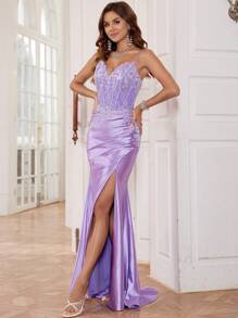 Lilac Elegnat Mermaid Lace Evening Dresses Long With High Slit Cross Back Deep V-Neck Sparkly Lace Prom Party Gowns For Women Elegant Formal Wedding Guest Dress, For Graduation, Dinner - Màu Lilac Tím - Xem 4