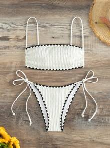 Swim Mod Women's Summer Beach Floral Trimmed Sexy Bikini Set - White - View 6