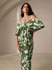 Anewsta 女士植物印花露肩交叉挂脖连衣裙 长款女装