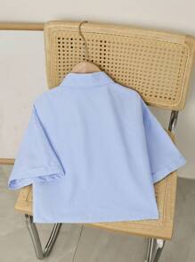 Flirla Bowknot Embroidered Blue Striped Women's Dropped Shoulder Short Sleeve Shirt, Cropped,Short Sleeve Tops