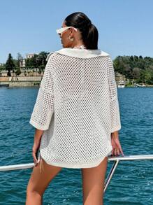 EURMUSE Top décontracté à col polo en tricot ouvert pour femme, pour l'été et les vacances à la plage - Beige - Voir 2