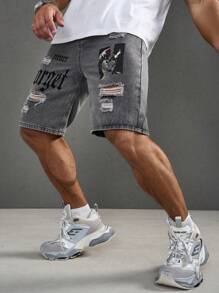 Manfinity LEGND Short en jean déchiré avec imprimé lettres pour hommes, avec poches