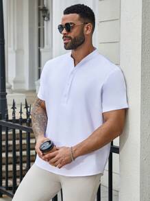 Manfinity Mode Men Plus Casual Plain Half Button Solid Short Sleeve Shirt For Summer