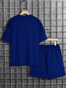 Manfinity Homme Men's Summer Letter Print Round Neck Short Sleeve Casual T-Shirt And Drawstring Waist Shorts Set