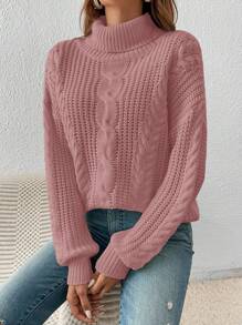 Cloudara Jersey cuello alto tejido de cable de hombros caídos - Rosa coral - Ver 2