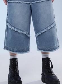 Manfinity Denimwave Men's Loose Fit Denim Shorts With Raw Hem, Patch Pockets, Streetwear Style - Light Wash - View 7