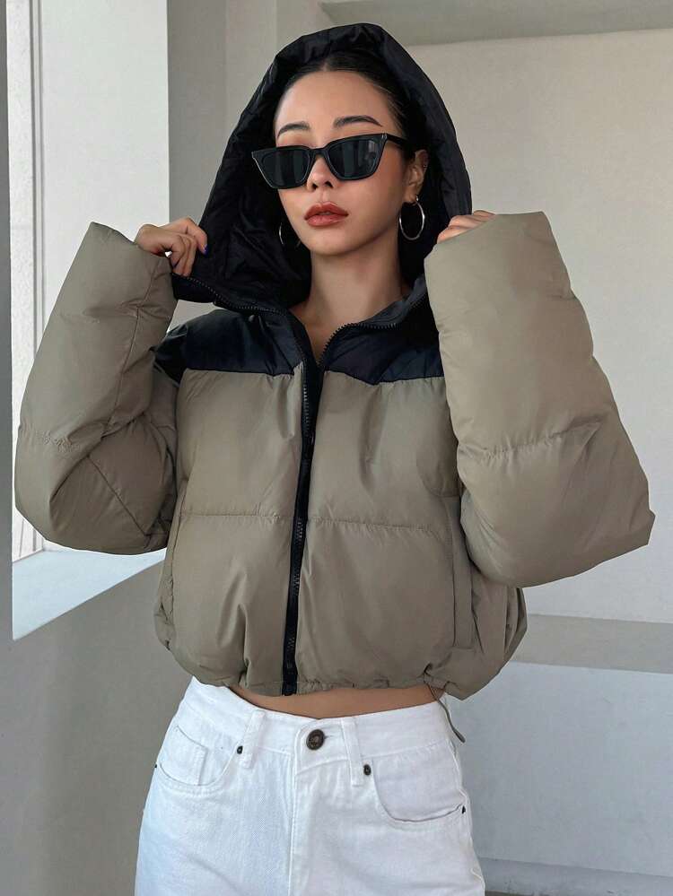 Color Block Hooded Short Padded Padded Coat For Women, Winter Clothes,Winter Women Clothes,Padded Coat Women Jacket