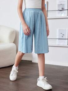 SHEIN Tween Girl Loose Casual Solid Color High-Waist Wide-Leg Shorts With Pleats And Exaggerated Big Pockets - Baby Blue - View 4