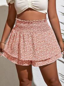 SHEIN VCAY 微小花卉印花紙袋腰短褲 - 橘色 - 查看 5