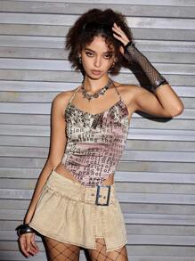 Vitoria Brayner Artist 女士夏季字母印花拼接荷叶边下摆休闲短款露背上衣，假日、度假、春季、海滩、外出、节日、伊比沙岛装扮、西方服饰