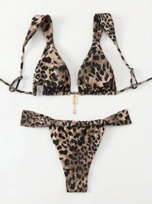 Swim Vcay 2 piezas Conjunto de traje de baño de mujer con estampado de leopardo, estampado aleatorio de verano