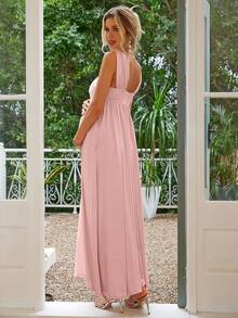 Joyfunear Maternity Cold Shoulder Solid Gowns Elegant Dress, For Party - Pink - View 3