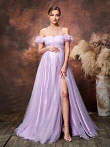 Faeriesty Vestido de fiesta de maternidad Dressalisa con detalles de aplicaciones y hombros descubiertos de tul - Lila Púrpura - Ver 1