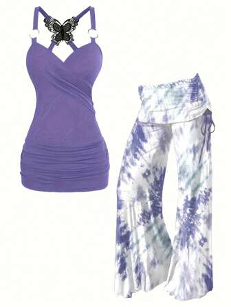 大码女式两件套 - 扎染背心和蝴蝶蕾丝花边阔腿裤 | 波西米亚风抽绳腰带套装（尺码 1X-5X）