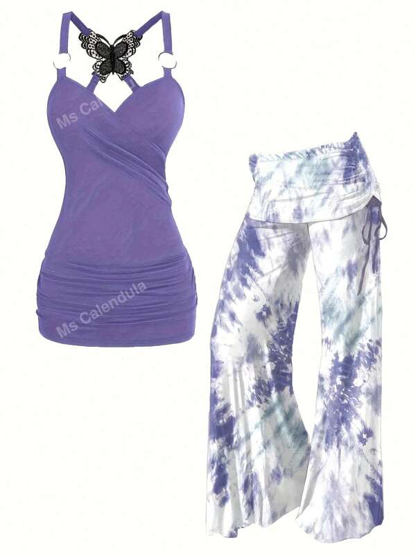 Set 2 bucăți pentru femei de mărime plus mare - maiou și pantaloni largi cu dantelă fluture | Ținută Boho Chic, cu șnur în talie (Mărimi 1X-5X)