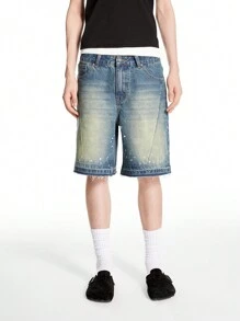 Chillumni Men's Dark Blue Washed Vintage Distressed Loose Denim Shorts - Medium Wash - View 1