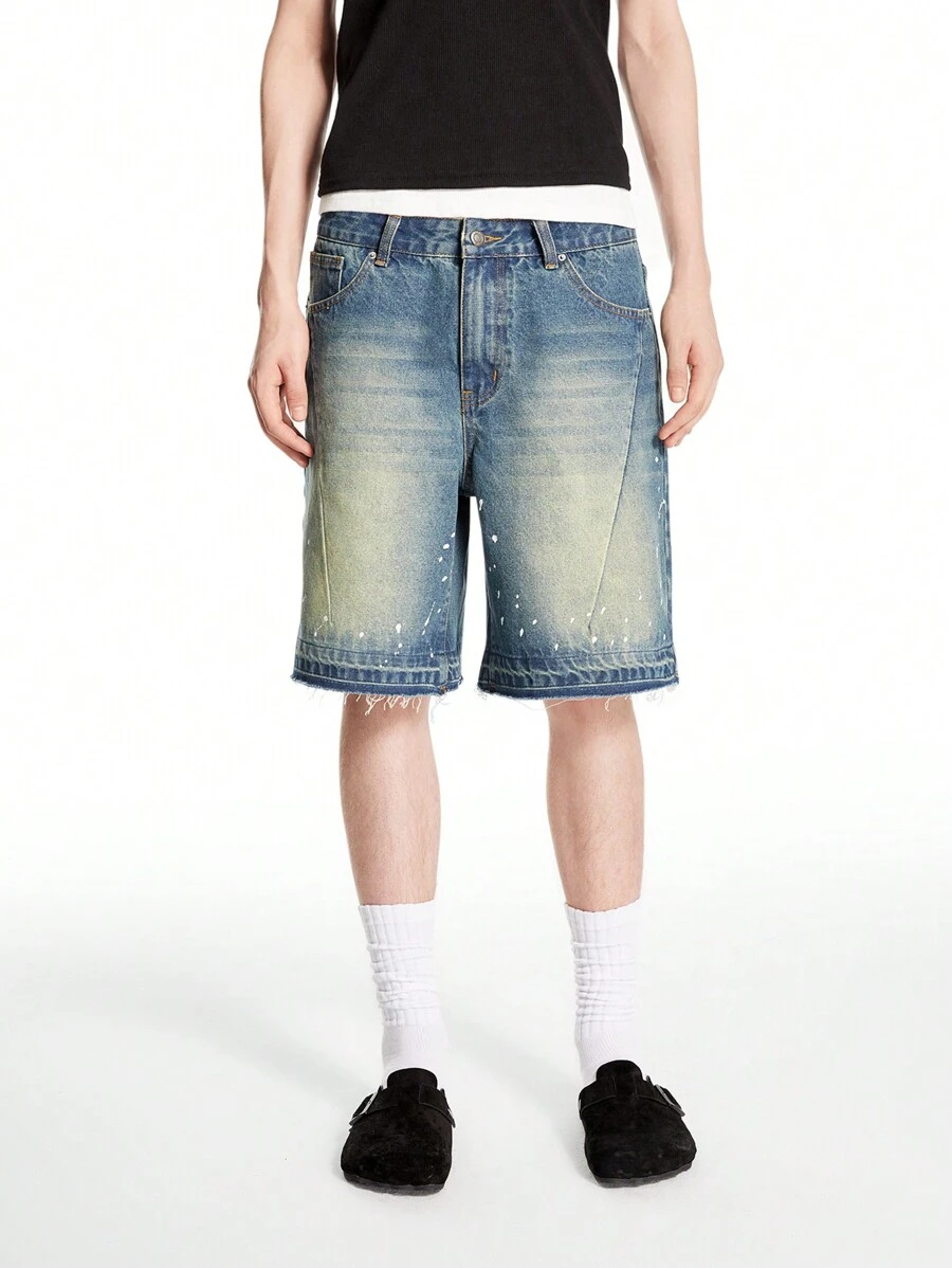 Chillumni Men's Dark Blue Washed Vintage Distressed Loose Denim Shorts - Medium Wash - View 1
