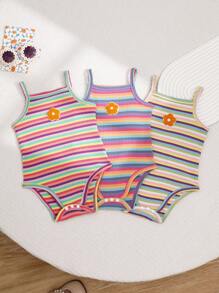 SHEIN Playful Pals 3pcs Baby Girls' Colorful Striped Bodysuit With Strawberry Embroidery, Perfect For Casual Wear Or Outdoor Activities In Spring And Summer