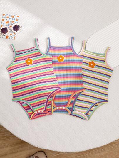 SHEIN Playful Pals 3pcs Baby Girls' Colorful Striped Bodysuit With Strawberry Embroidery, Perfect For Casual Wear Or Outdoor Activities In Spring And Summer