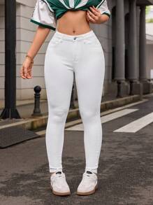 SHEIN Essnce Women's Skinny Fit Casual Jeans With Pockets - White - View 2