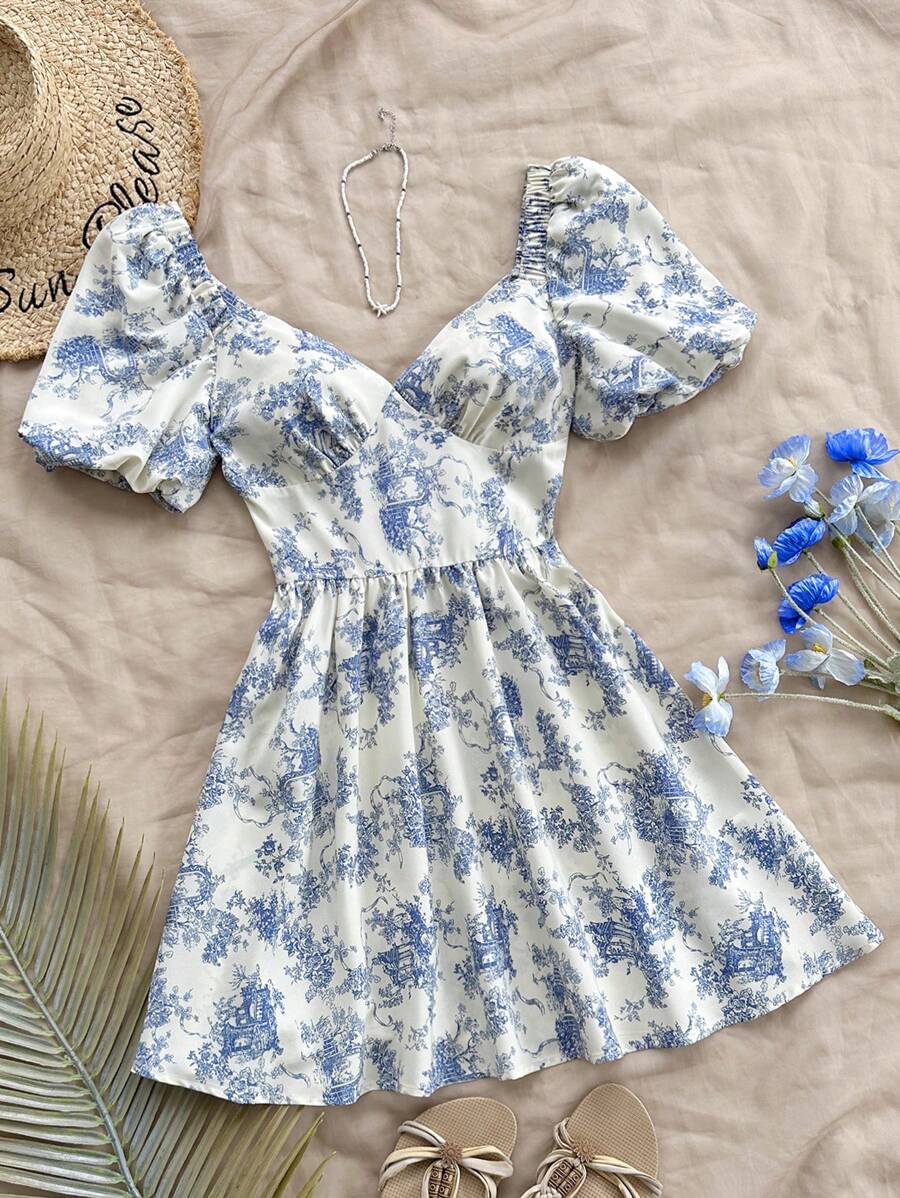 Soleia Robe à manches bouffantes plissées rétro à fleurs multi-couleurs avec décolleté en cœur, taille cintrée, en ligne A, pour les vacances décontractées et romantiques des femmes - Multicolore - Voir 1