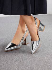 CUCCOO BIZCHIC Women's Fashionable Silver Mirror Pointed Toe Chunky High-Heeled Shoes Spring Shoes Spring Break Easter