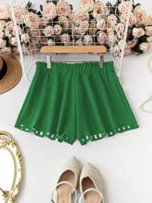 SHEIN LUNE 大码女式纯色弹力腰短裤，带荷叶边、抽绳和口袋 - 綠色 - 查看 3