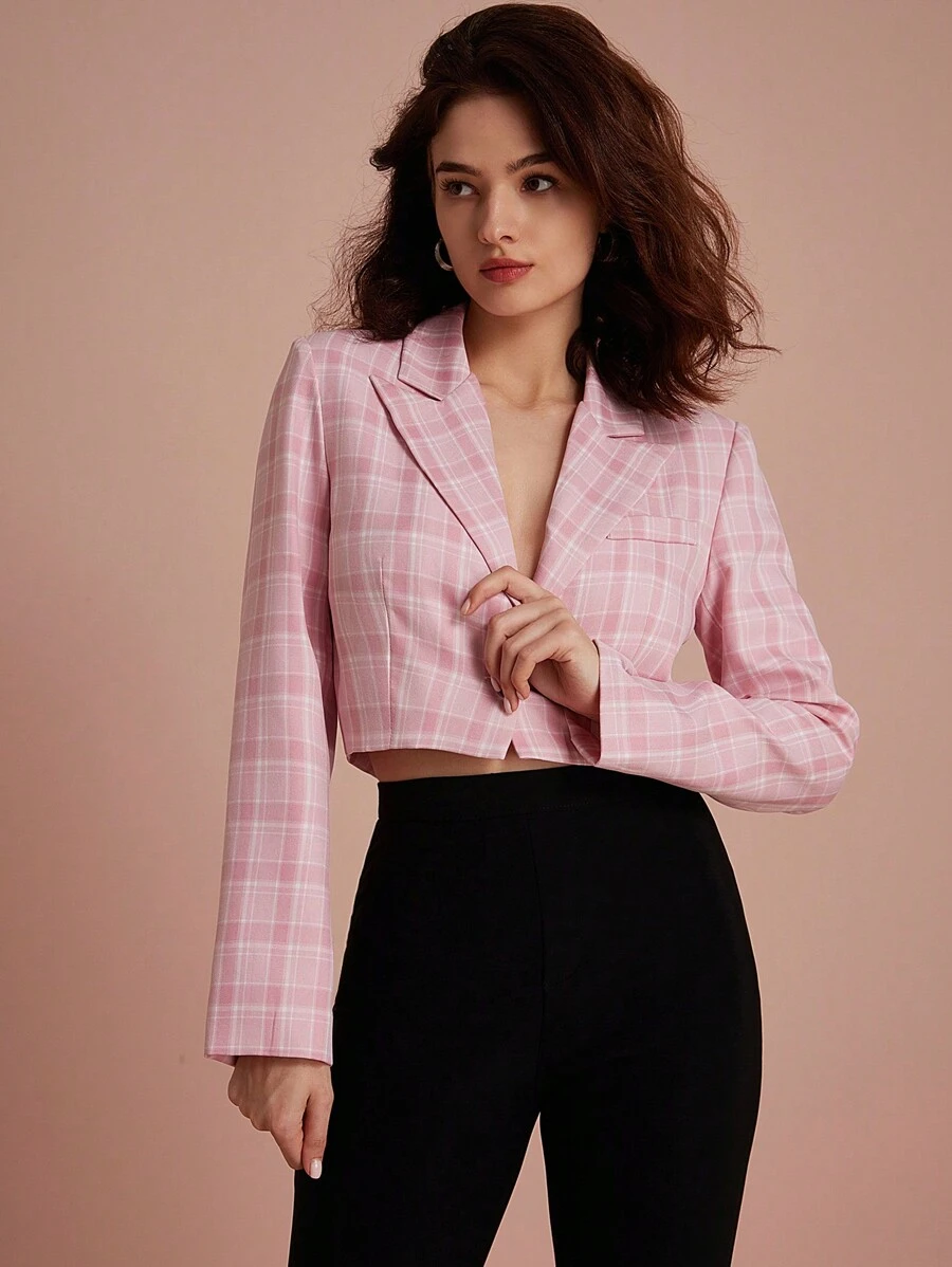 Aveloria Rosie Random Plaid Sweet American Casual Style Fashion Single Breasted Short Length Long Sleeve Blazer - Pink - View 1