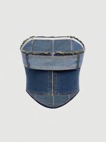 SHEIN Teen Girls Y2K Off-The-Shoulder Straight-Neck Cropped Denim Top With Belt Buckle Detail&Concert Outfits&Music Festival - Medium Wash - View 2