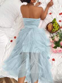 Rafferiza Vestido para Formatura de Verão & Recepção de Casamento, Vestido Longo Feminino Azul de Tule Tomara que Caia - Azul bebê - Visão 2