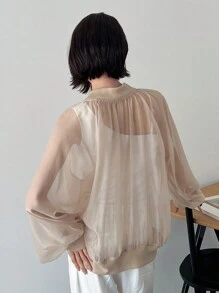 FRIFUL Zip Up Long Sleeve Bomber Jacket Sheer