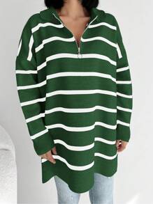 RueChic 條紋圖案落肩袖半拉鏈套頭毛衣 - 綠色 - 查看 1