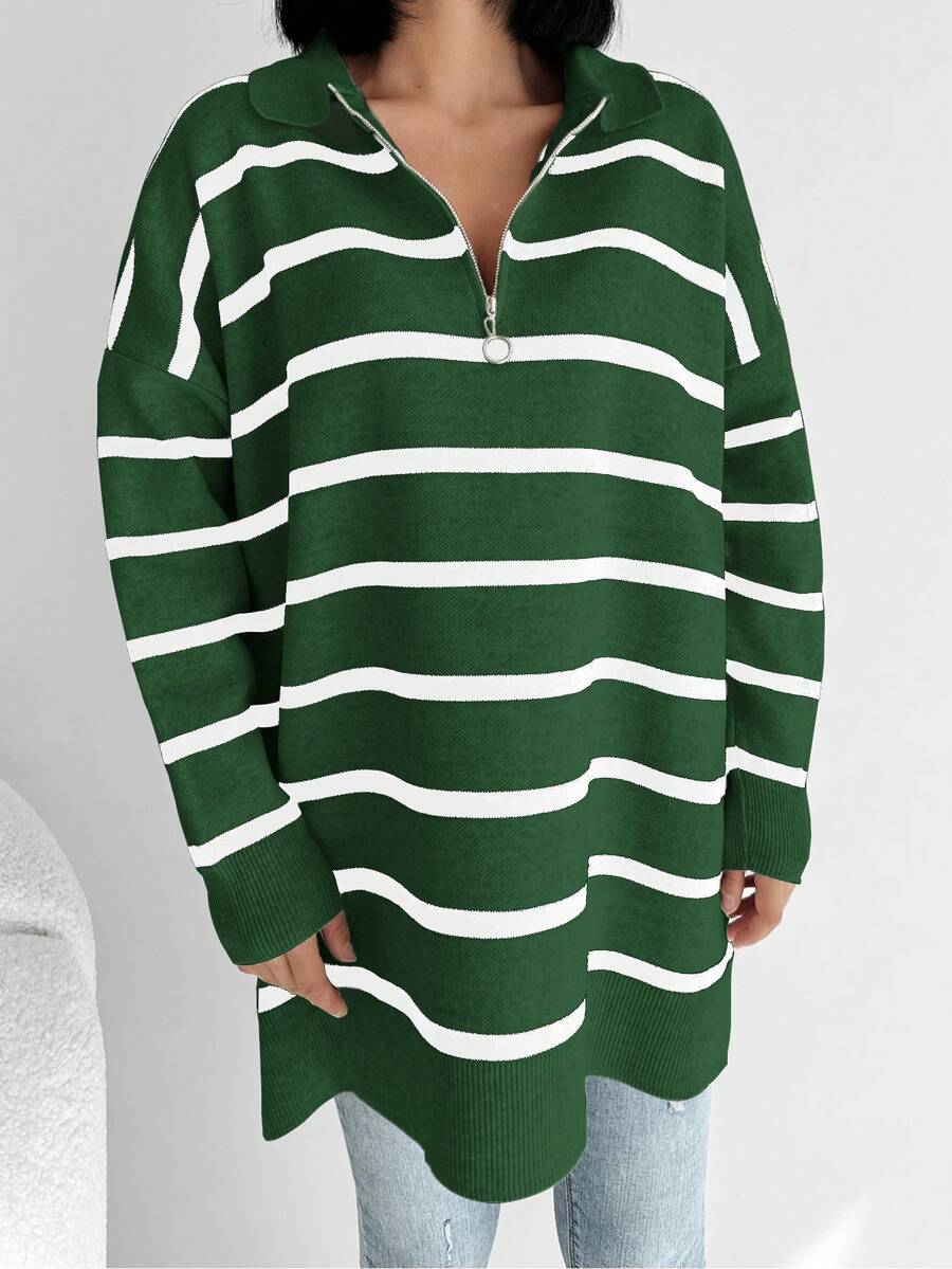RueChic 條紋圖案落肩袖半拉鏈套頭毛衣 - 綠色 - 查看 1