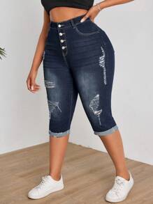 SHEIN SXY 時尚大尺碼女士夏季中長款修身牛仔褲，帶有破損細節 - 深色水洗藍 - 查看 4