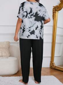 Plus Size Tie-Dye Short Sleeve Top & Solid Color Long Pants Pajama Set, Outfits - Black - View 3