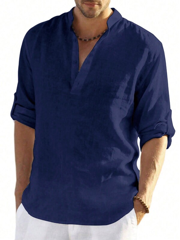 Camicia da uomo oversize in stile retrò, con colletto alla coreana, maniche arrotolate, in tessuto con effetto lino, adatta per tutte le stagioni.