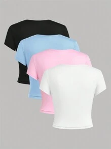 SHEIN Girlism 4入組青少女針織純色短袖休閒T恤套裝 - 淺藍色 - 查看 2