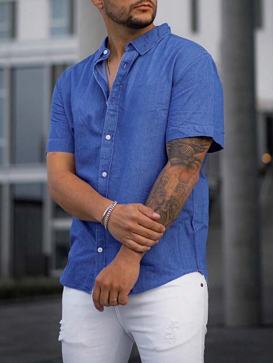 Men's Solid Color Short Sleeve Casual Comfortable Shirt, Summer - Royal Blue - View 1