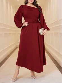 Modelyn Vestido de verano elegante de talla grande con mangas farol asimétricas, cintura ceñida y color rojo burdeos