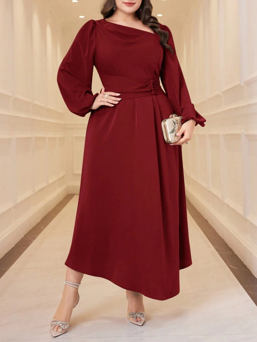 Modelyn Vestido de verano elegante de talla grande con mangas farol asimétricas, cintura ceñida y color rojo burdeos