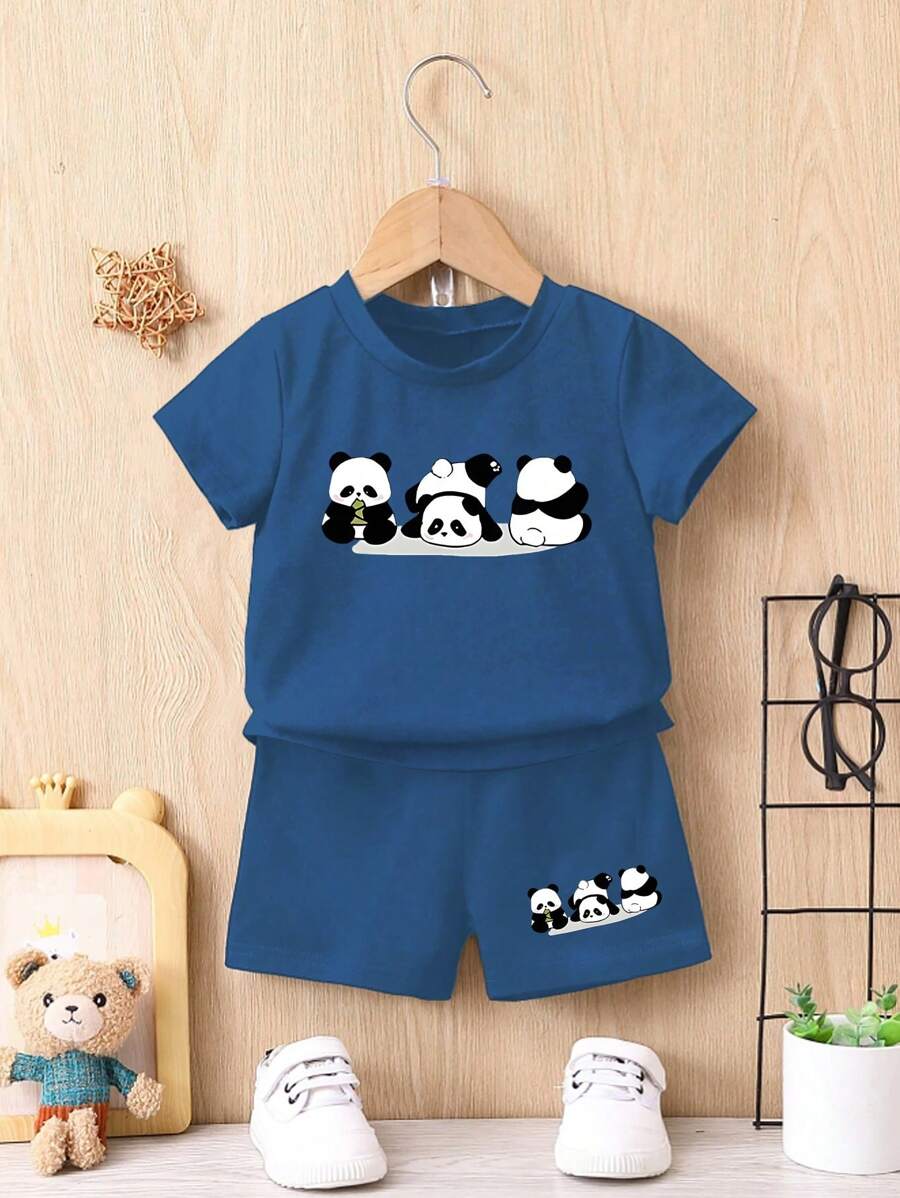 SHEIN 2pcs/Set Pakaian Kasual Sehari-hari Bayi Laki-laki, Pakaian Olahraga Sederhana dengan Motif Panda Lucu, Musim Semi/Panas, Cocok untuk Aktivitas Luar Ruangan - Biru - View 1