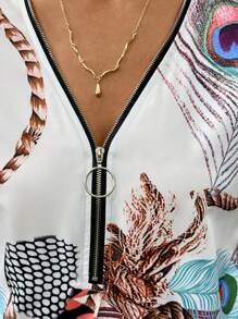 EMERY ROSE Loose Casual  Printed Vacation Women's 2pcs Set, Half-Zip Shirt And Shorts Fall Cloth For Women - Multicolor - View 5