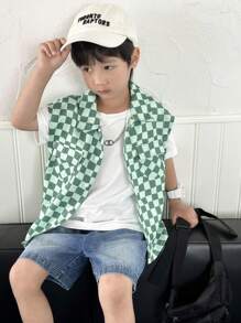 SHEIN 3pcs/Set Young Boy Sporty Preppy Plaid Pocket Sleeveless Jacket,Solid Color Short Sleeve T-Shirt And Denim Shorts,Back-To-School Summer Street Wear - Multicolor - View 6